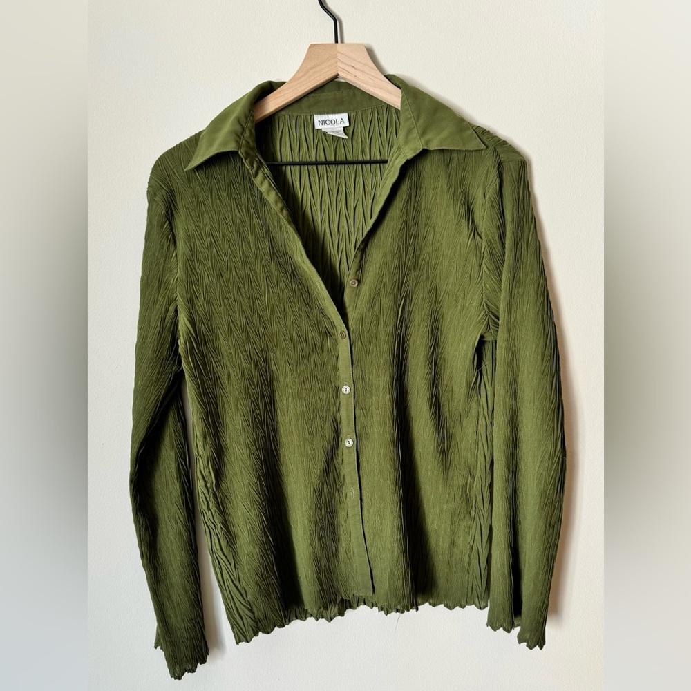 Y2K Plisse Green Blouse - Size L